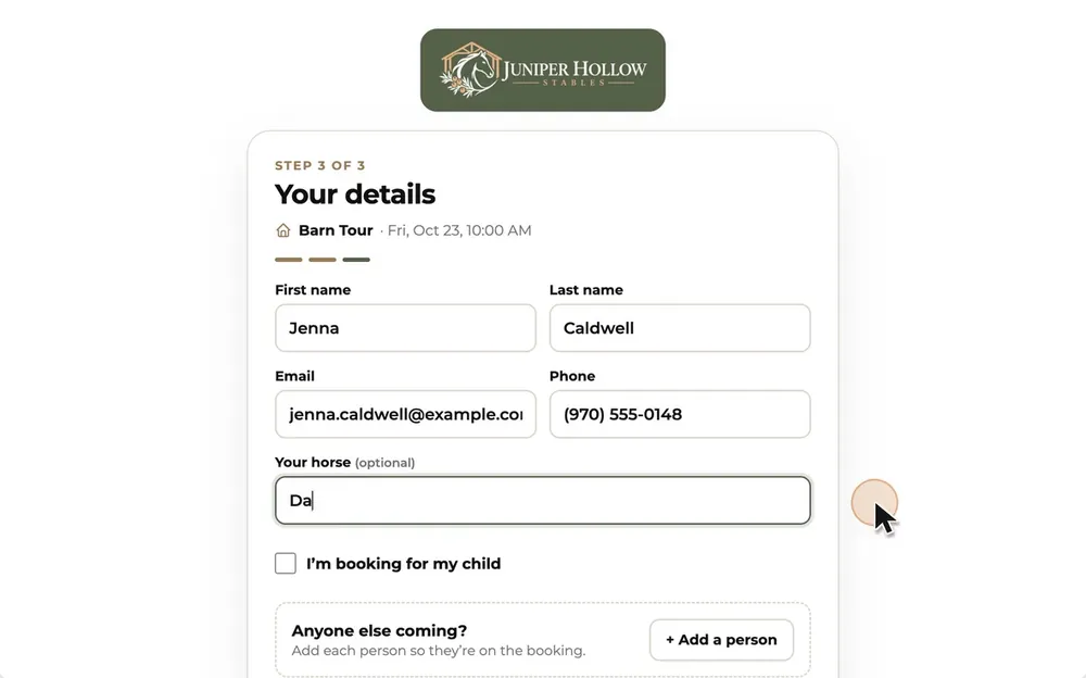 Step 3: the horse owner enters their name, email, phone and horse