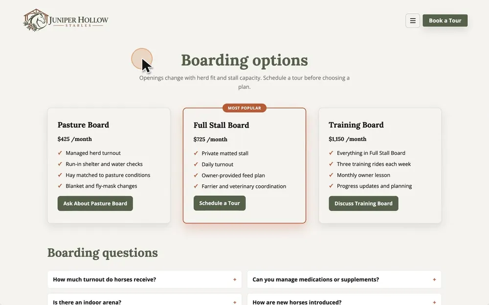 Board options on the Juniper Hollow Stables design: pasture, full stall and training board, each with a monthly price