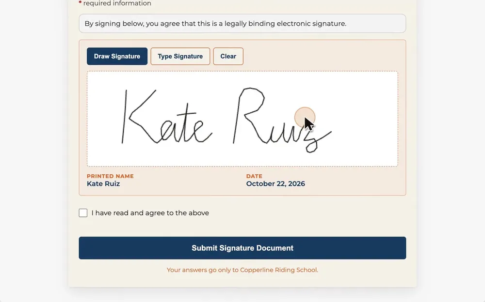 A demo of signing a document online: a drawn signature with the printed name and date