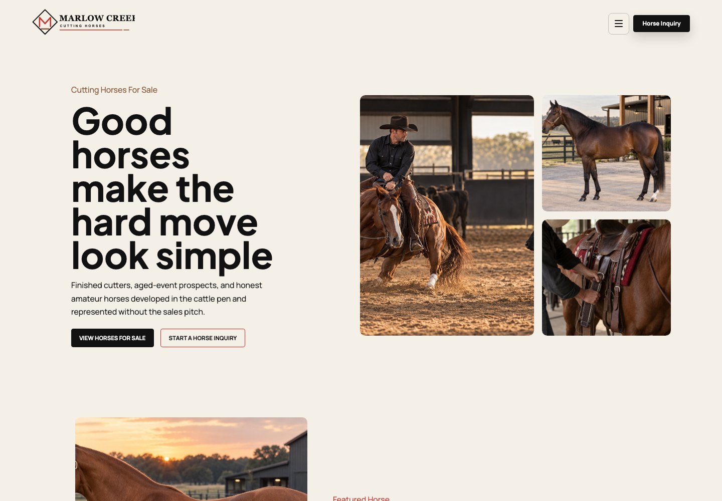 Sample cutting horse trainer website design for Marlow Creek Cutting Horses