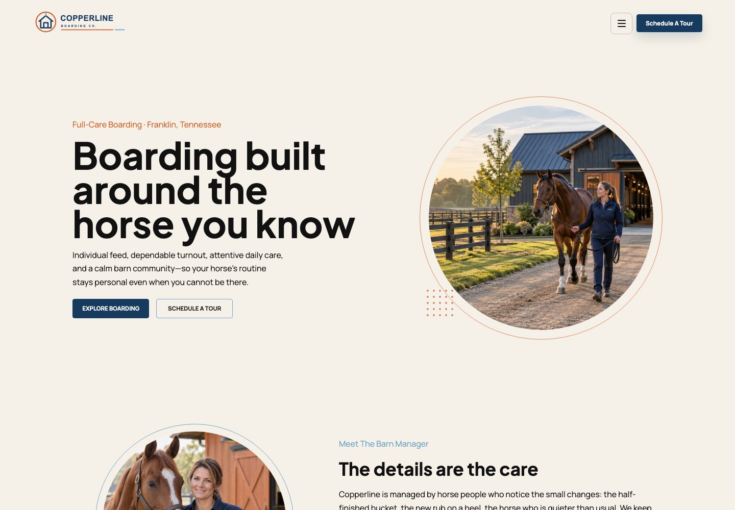 Sample boarding barn website design for Copperline Boarding Co.