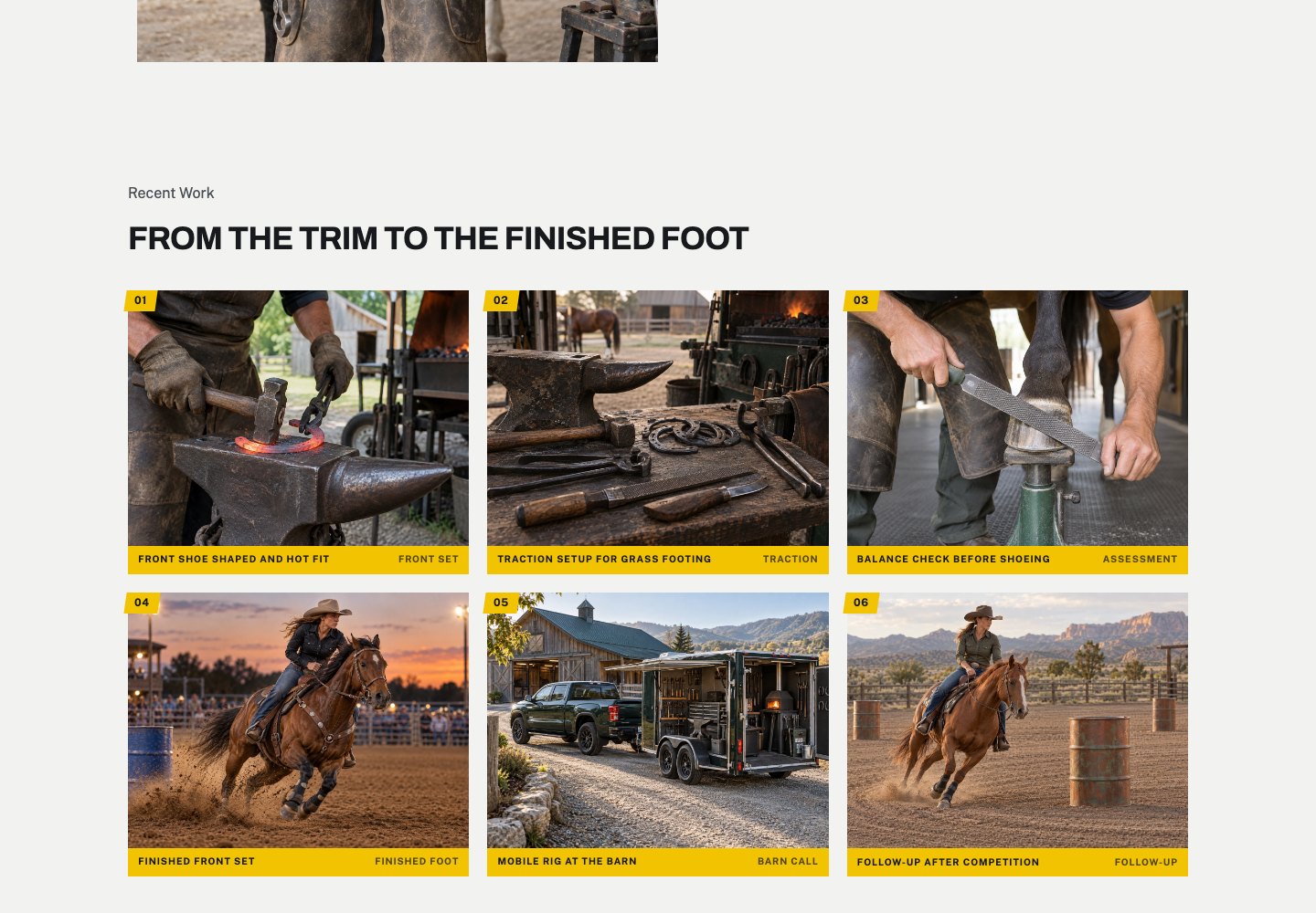 Recent Work gallery on the Gate Crew Farrier Co. design: a shoe on the anvil, tools, a balance check, a finished front set, the mobile rig and a follow-up