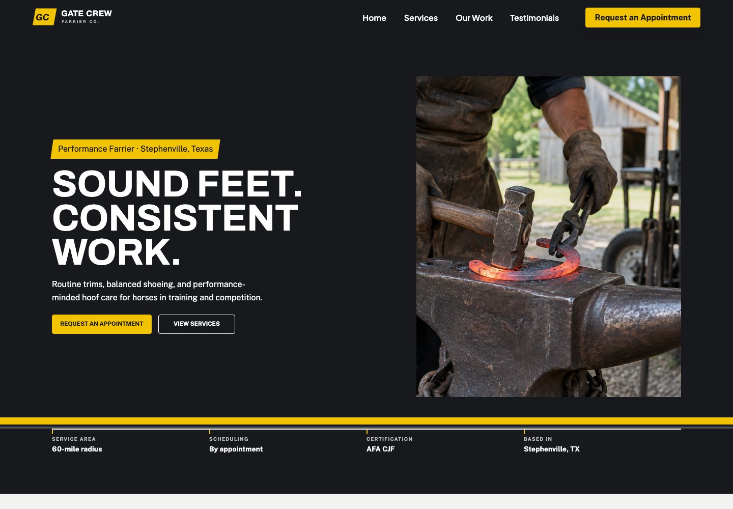 Sample farrier website design for Gate Crew Farrier Co.