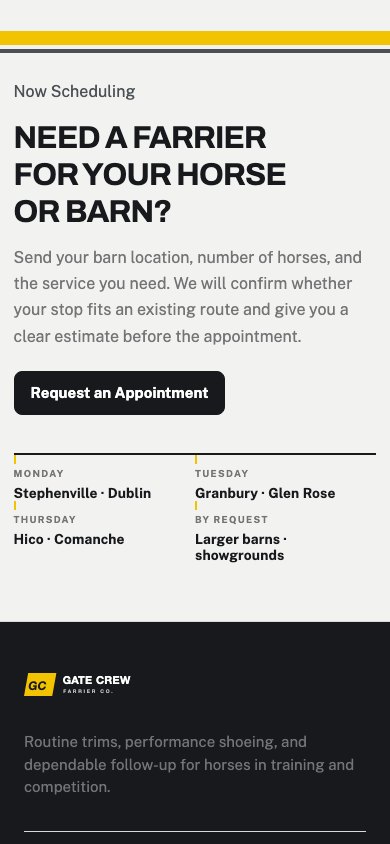 Gate Crew Farrier Co. route days on a phone: Monday Stephenville and Dublin, Tuesday Granbury and Glen Rose, Thursday Hico and Comanche, larger barns by request