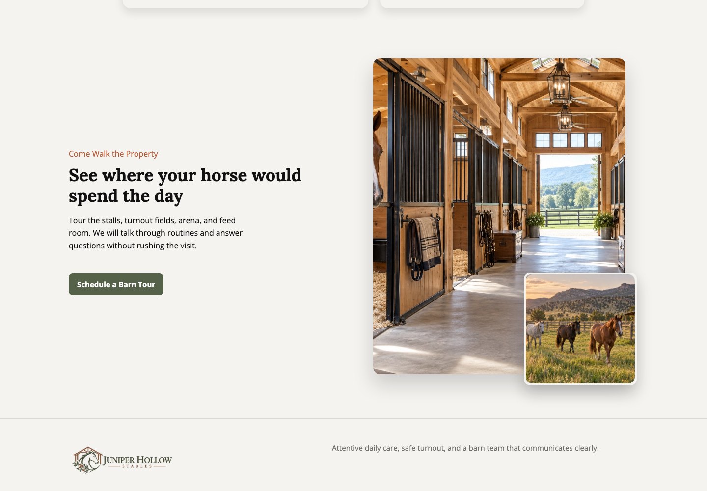 The closing section of the Juniper Hollow Stables design with a Schedule a Barn Tour button