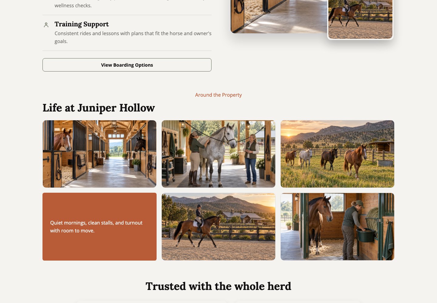 The photo gallery on the Juniper Hollow Stables design: barn aisle, grooming, turnout, arena and stall photos