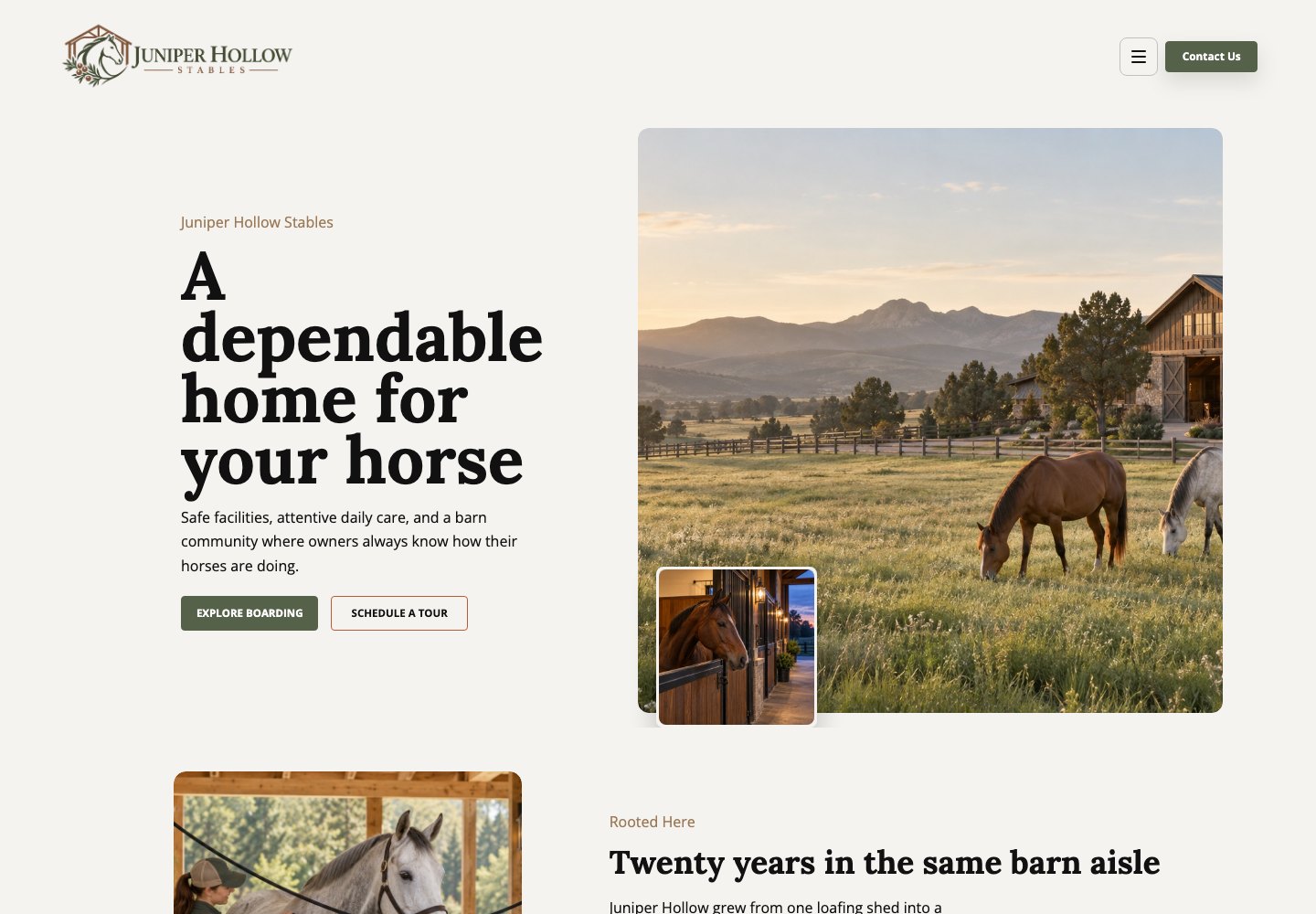 Juniper Hollow Stables design, desktop preview