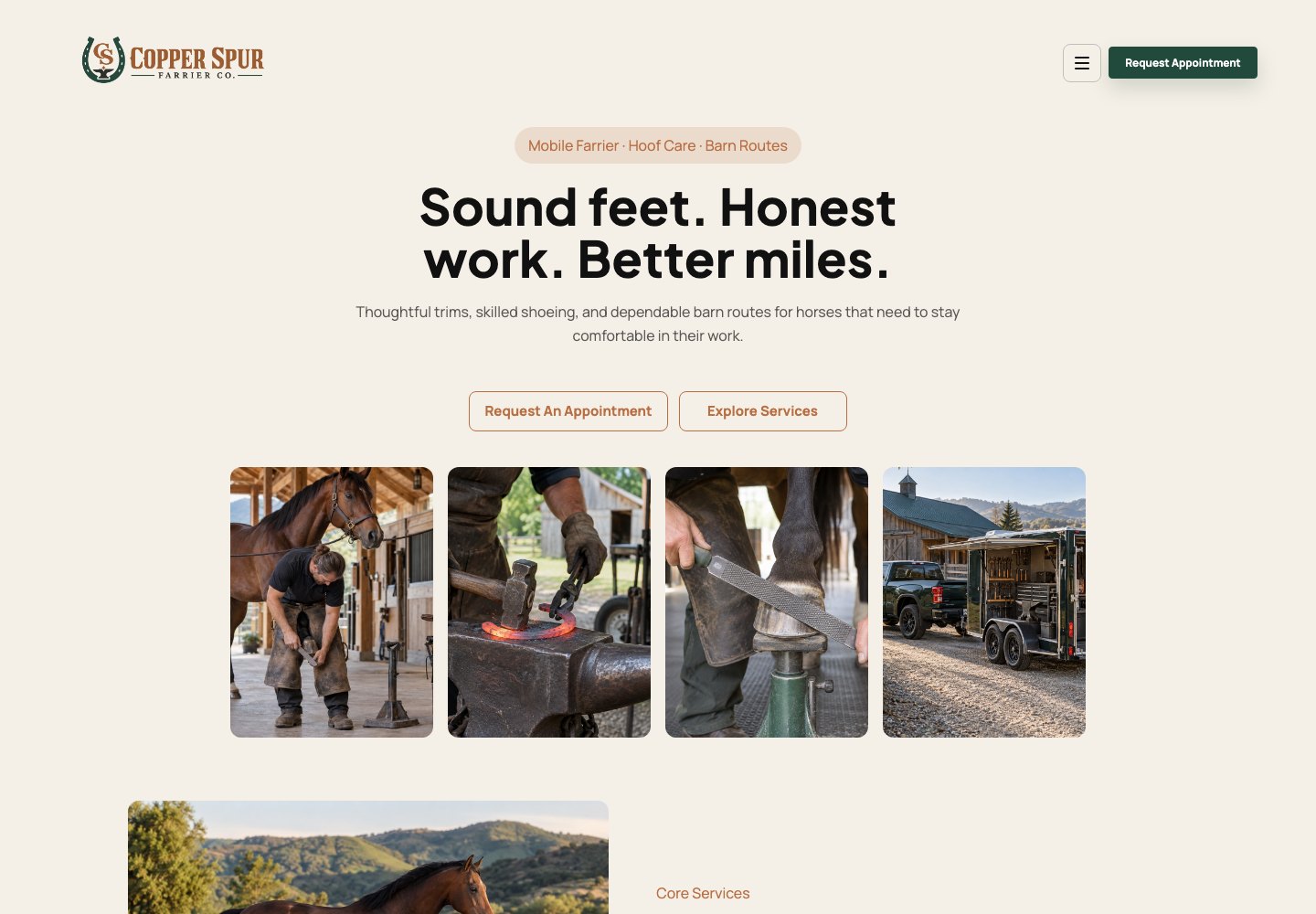 Copper Spur Farrier Co. design, desktop preview