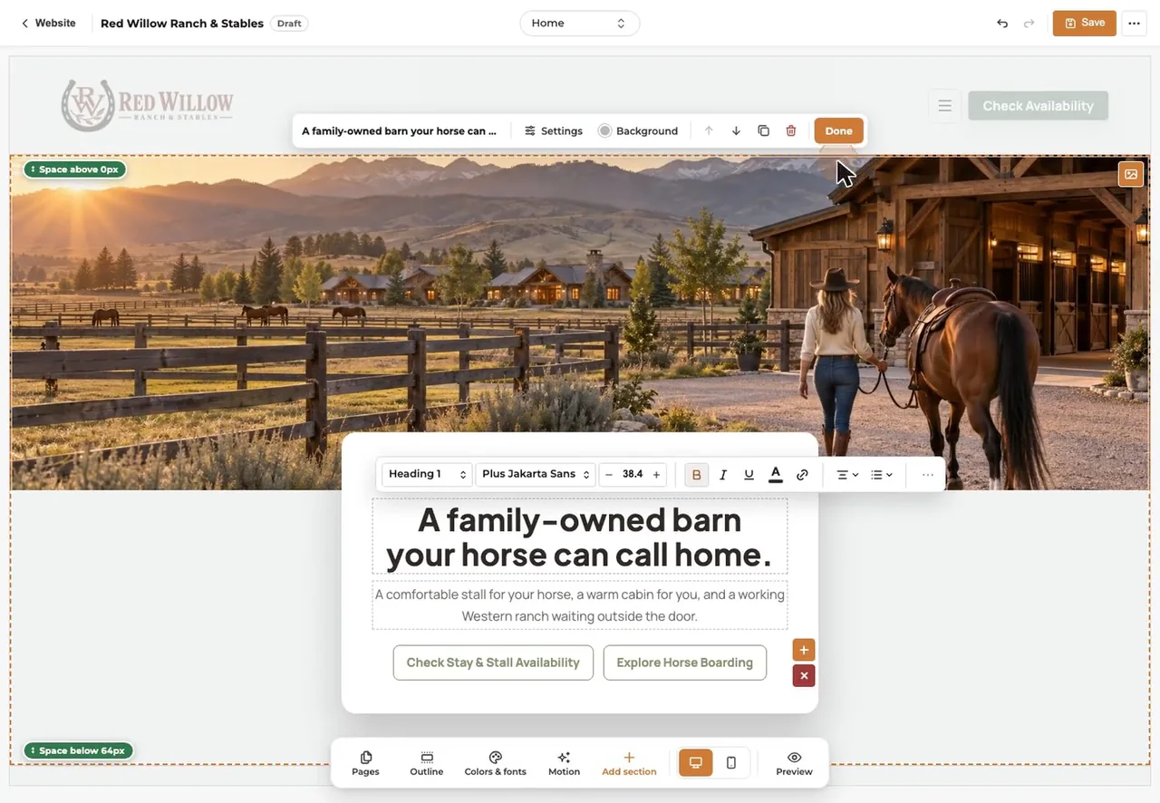 The WWC editor with a headline selected and the text toolbar open