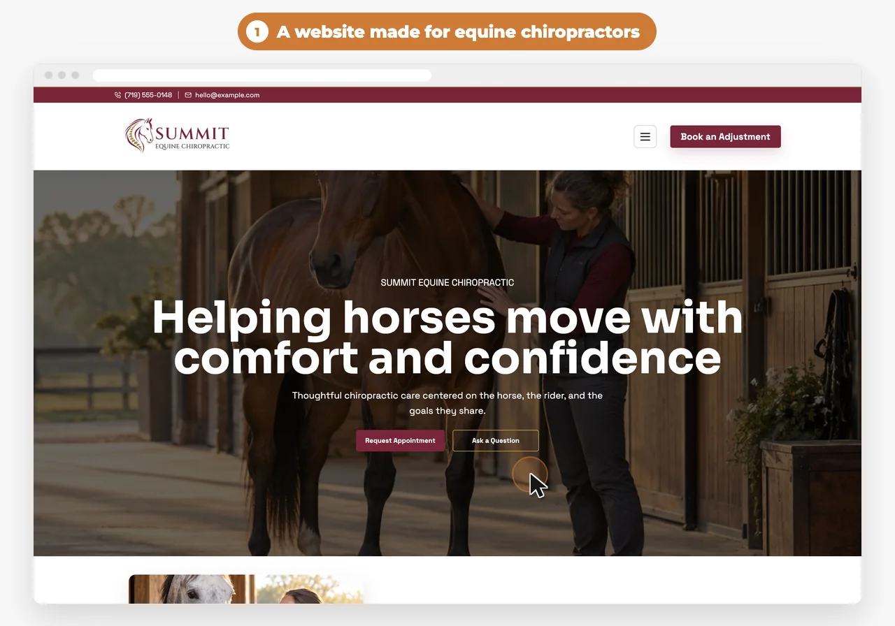 The Summit Equine Chiropractic website design with a Book an Adjustment button in the header