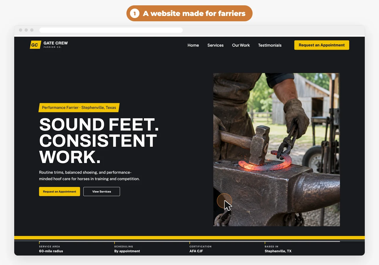 The Gate Crew Farrier Co. design in a browser window