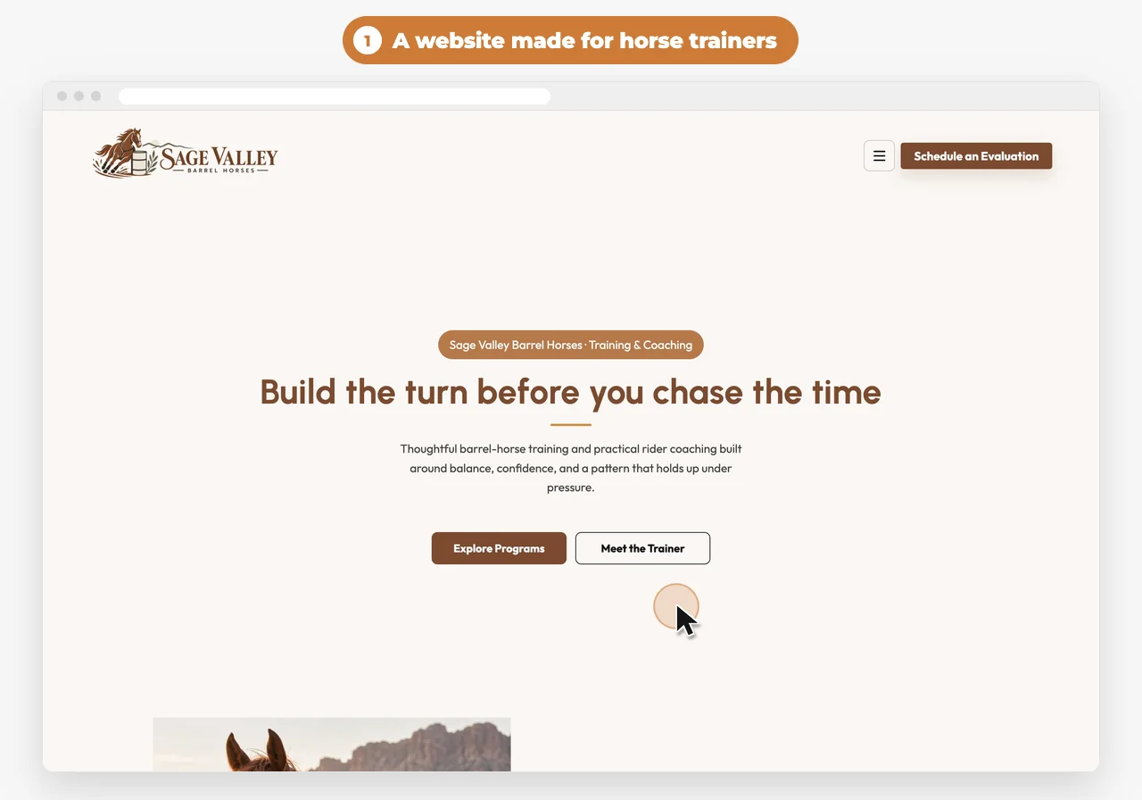 The Sage Valley Barrel Horses design in a browser window, with a Schedule an Evaluation button